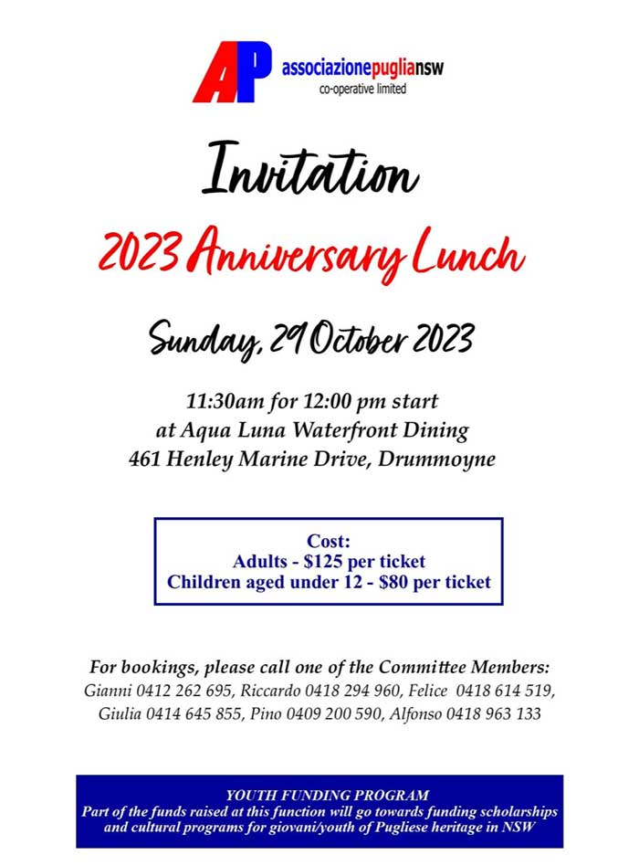 flyer for the 2023 anniversary lunch of Associazione Puglia NSW